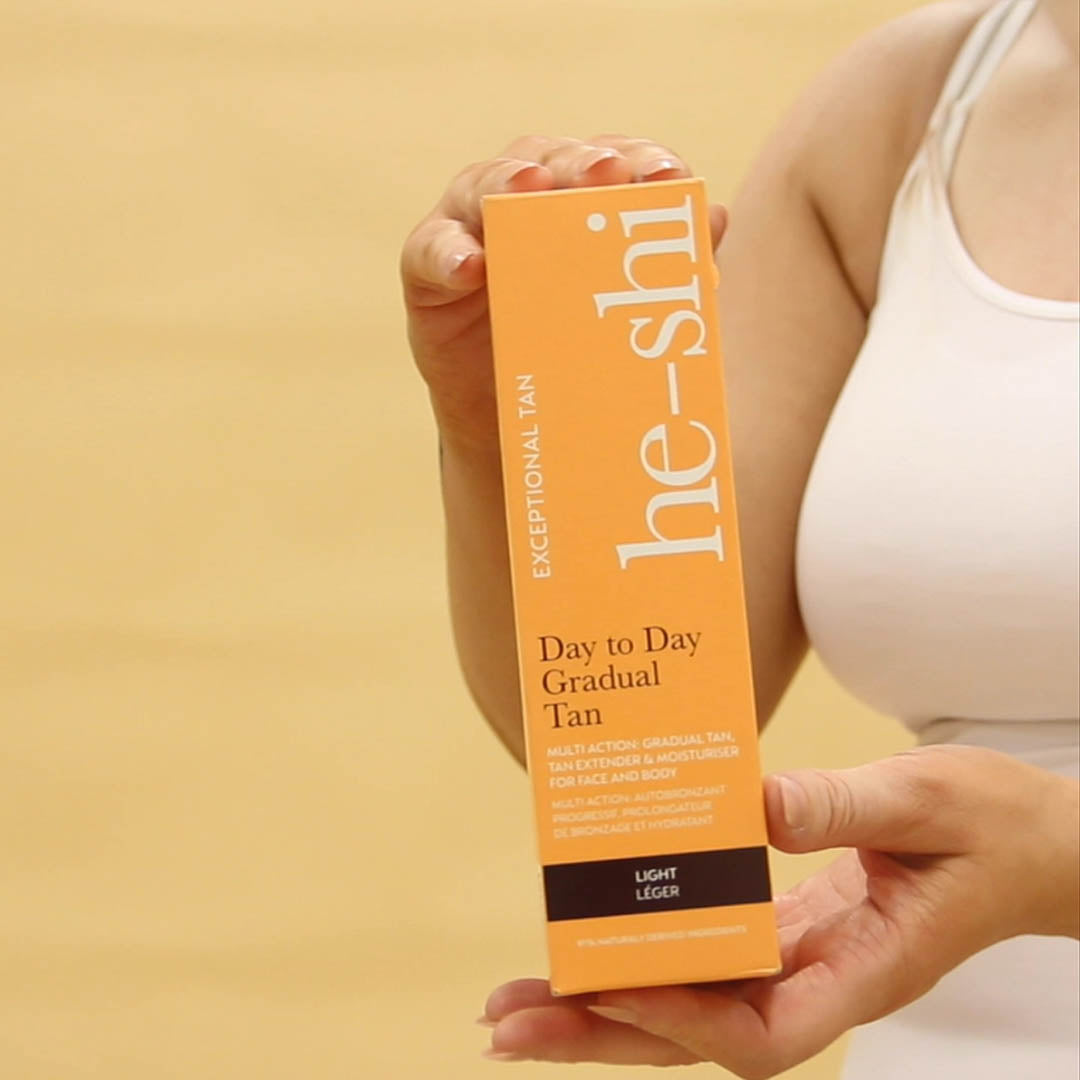 Video showing how to apply He-Shi Day to Day Gradual Tan. The steps include:
Step 1 - Grab your Velvet Tanning Mitt and apply some Gradual Tanning Lotion onto the mitt.
Step 2 - Apply the tan in a circular motion and ensure even application
Step 3 - Allow to dry and let it develop for 6 to 8 hours for a natural sunkissed glow